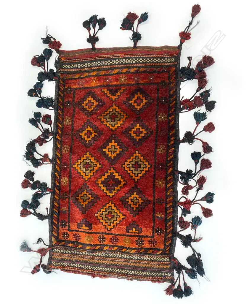 Bag – wool, - flatweave/pile - red ground - stepped diamond repeat - sides and base tassled.108 x 60cm Image 1++